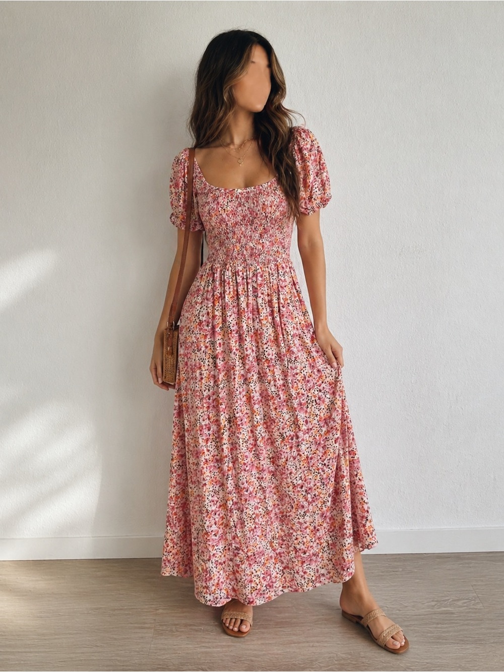 Indigo Rose Pink Floral Smocked Puff Sleeve Midi Dress M Cottagecore Boho